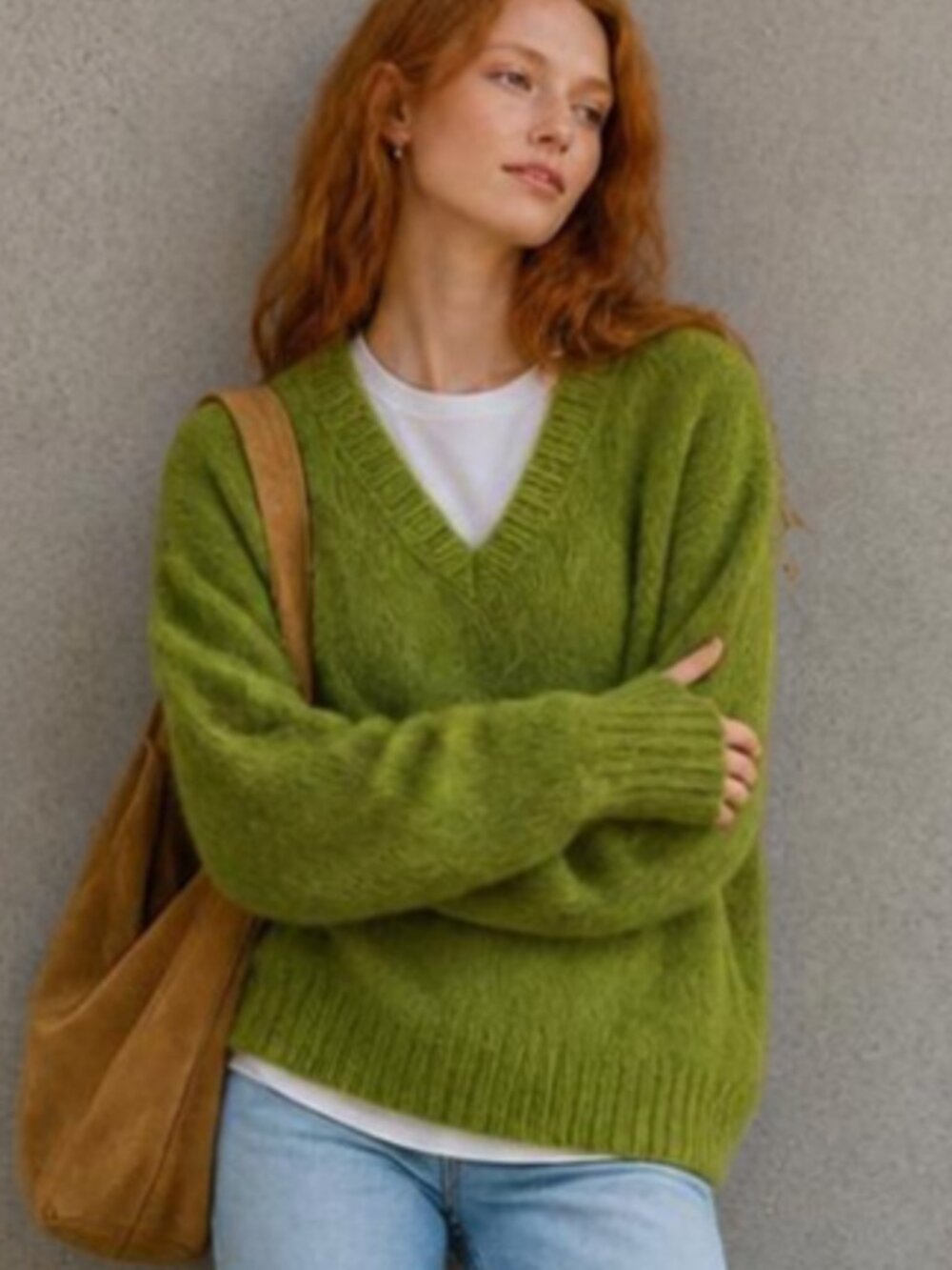 NEW Green V-Neck Wool Effect Loose Fuzzy Sweater L